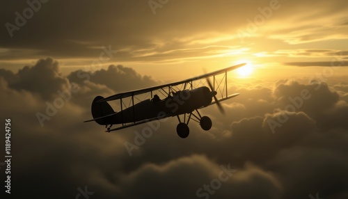 Vintage biplane flying over dramatic sunset sky with silhouetted clouds