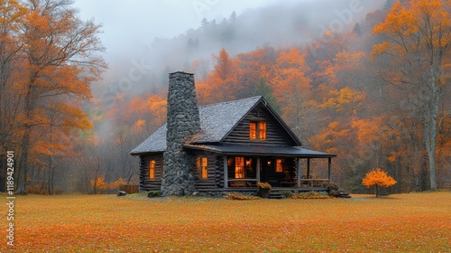 Cozy log cabin surrounded by vibrant fall foliage in a tranquil landscape at ...