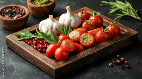 Fresh herbs and vegetables arranged on a wooden cutting board with oil in a r...