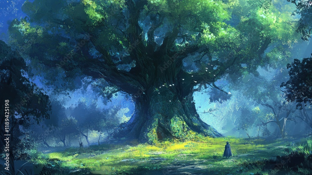 Enchanting ancient forest with colossal tree and solitary figure. Enchanting ancient forest with colossal tree and solitary figure.