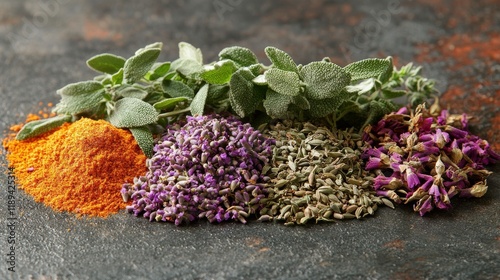 Variety of dried herbs and spices arranged on a textured surface for culinary...