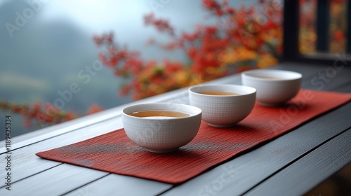 Warm tea served in elegant cups on a rustic wooden table with a cozy atmosphere