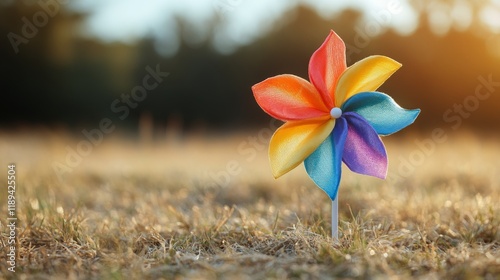 Colorful pinwheel spins gently in the park during a sunny autumn afternoon