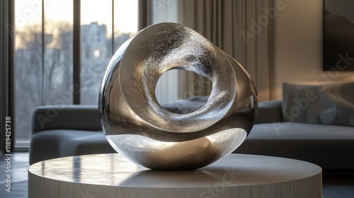 Modern abstract sculpture displayed in a spacious living room with large wind...