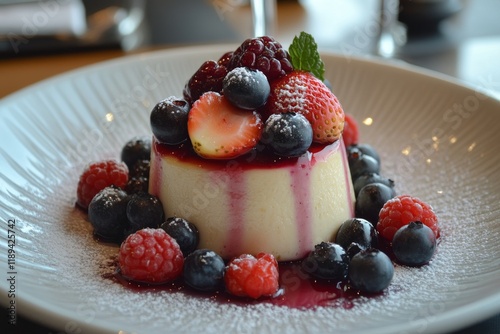 Delicious dessert with fresh berries and creamy panna cotta served at a gourm...