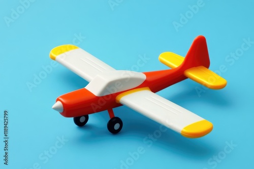 Colorful Plastic Toy Plane Soaring Through a Bright Blue Sky - Adventure and Travel Awaits