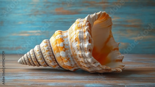 Beautiful seashell resting on weathered wooden surface highlighting nature's ...