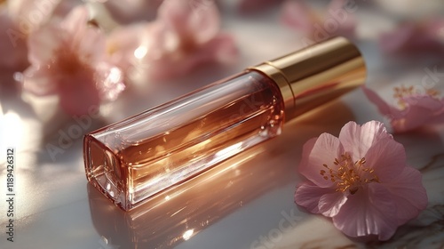Elegant perfume bottle surrounded by delicate pink flowers on a marble surface
