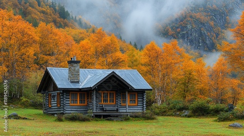 Cozy log cabin surrounded by vibrant fall foliage in a tranquil landscape at ...