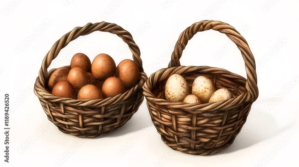 Two wicker baskets filled with brown and speckled eggs. Two wicker baskets filled with brown and speckled eggs.