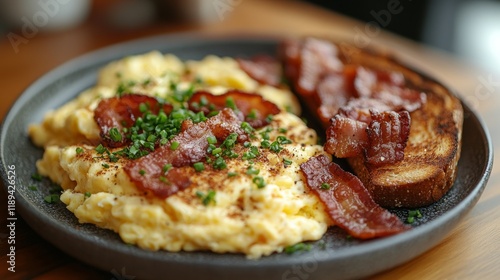 Breakfast plate with fluffy scrambled eggs, crispy bacon, and toasted bread s...