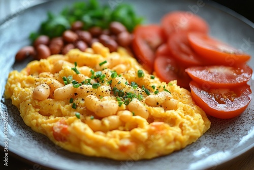 Scrambled eggs with beans and fresh vegetables served on a plate