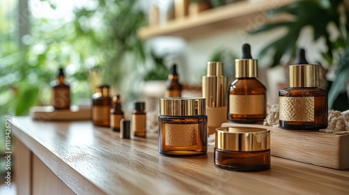 Various essential oil bottles arranged on wooden surface in a natural setting