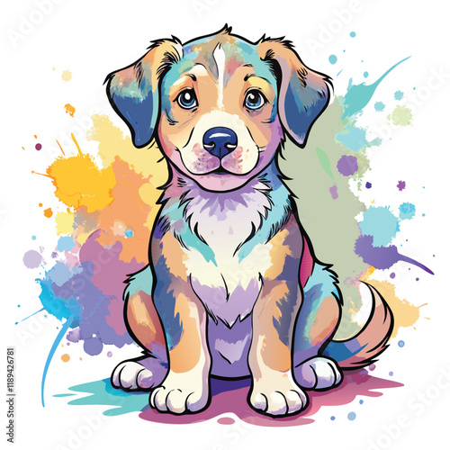 A cute dog with watercolor splashes of pastel colors, sitting with one paw lifted vector design. Perfect for print items and bags, poster, mug, sticker, template, banner and others.