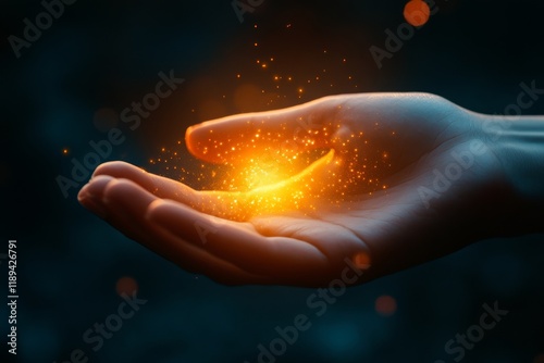 Mysterious glowing orb of fire held in hand against dark background during tw...