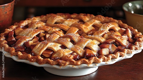 Classic apple pie with a golden lattice crust, perfect for dessert lovers at ...