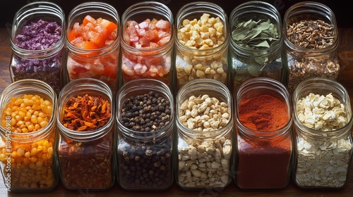 Colorful arrangement of spices and ingredients in glass jars on wooden surface
