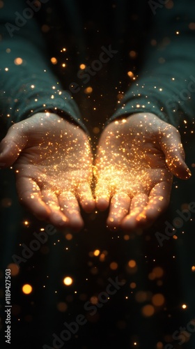 Woman with glowing particles in hands creates a magical atmosphere in enchant...