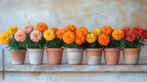 Colorful marigold flowers in clay pots displayed on a wooden shelf at a garde...