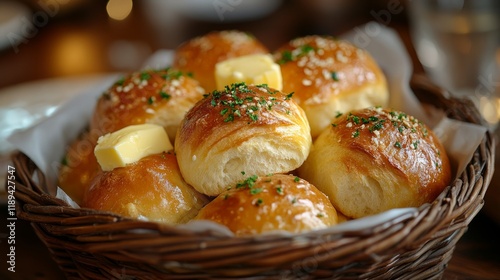 Freshly baked dinner rolls served warm in a basket garnished with herbs and b...