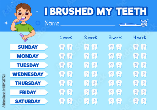 Teeth brushing chart. Incentive sheet, child dental poster. Boy in pajamas brushing teeth with toothbrush and toothpaste. Healthcare and protection teeth concept. Cute cartoon style illustration.