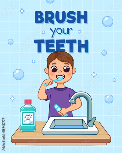 Poster encouraging children to brush their teeth. Boy in pajamas brushing teeth with toothbrush and toothpaste, standing near sink with tap. There is mouthwash on table. Cartoon style illustration.