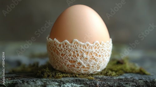 Delicate brown egg resting on lace fabric enhances rustic charm in natural light