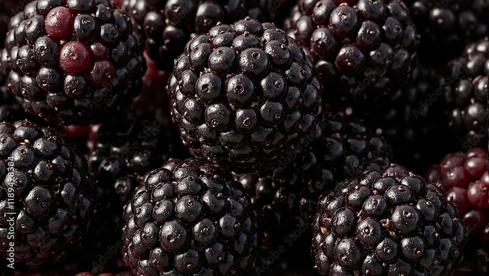 Fresh ripe blackberries with a subtle sheen and glistening juice beads under sunlight Fresh ripe blackberries with a subtle sheen and glistening juice beads under sunlight