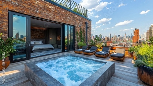 Modern balcony with pool overlooking city skyline and green landscape in sunn...