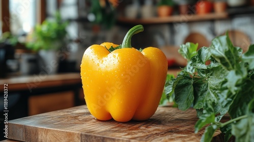 Yellow bell pepper placed on a wooden cutting board in a kitchen setting duri...