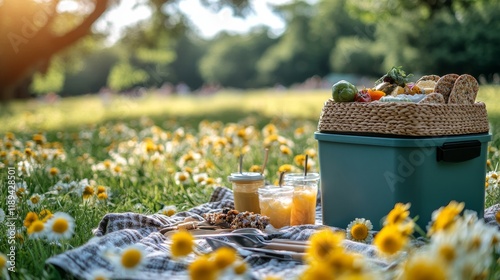 Picnic basket filled with fresh food and drinks in a sunny flower-filled park