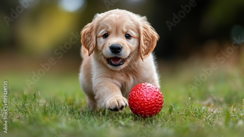 Golden retriever puppy joyfully running in a sunny park setting during autumn