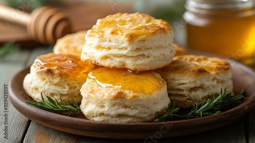 Freshly baked biscuits topped with honey and fruit preserves on a wooden plat...