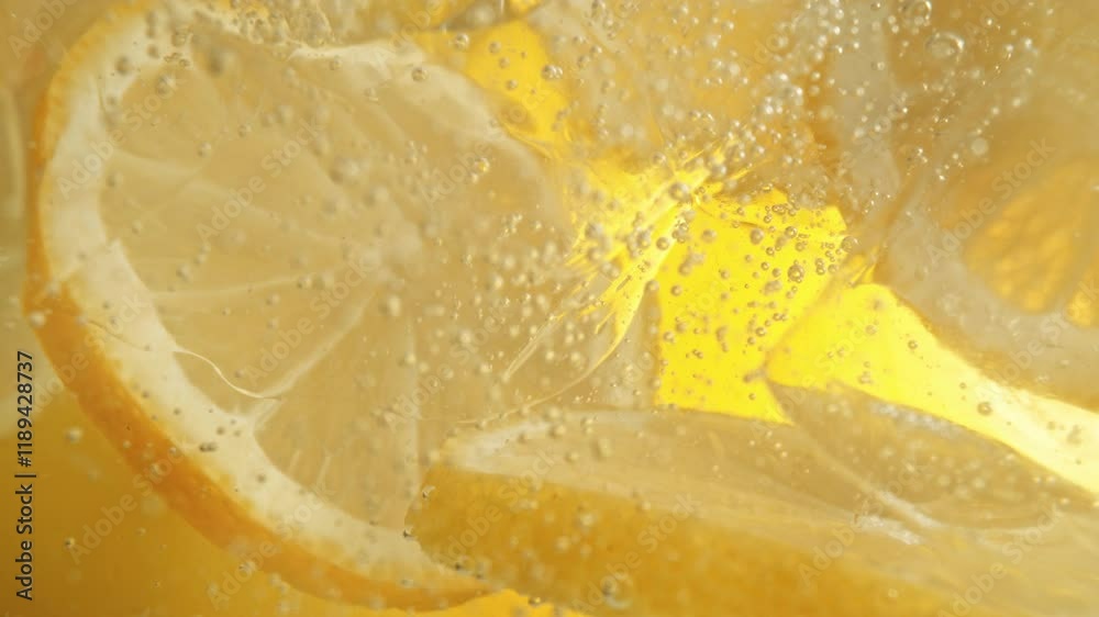 Super Slow Motion Detail Shot of Lemon and Ice in Sparkling Water at 1000fps.