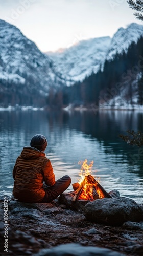 Tranquil evening by the lake with a campfire and mountain backdrop near a ser...
