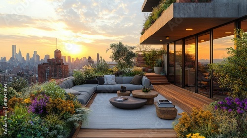 Rooftop garden with modern seating area and skyline view during sunset in a city