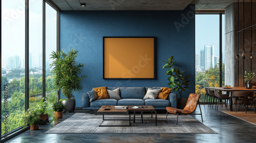A modern living room with a blue accent wall  large windows offering a city view  a blue sofa with orange and gray pillows  a brown chair  several plants  and a dining area in the background.