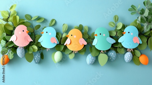 Decorative pastel eggs and garland on a shelf for spring celebration