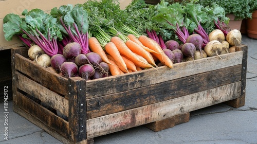 Fresh colorful vegetables organized in a wooden crate at a local market