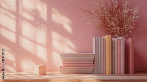 Colorful stacked books beside a geometric block on a vibrant backdrop