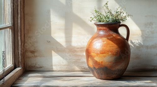 Beautiful handcrafted clay pot displayed against a textured wall in warm tones