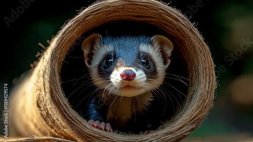 Cute small animal emerging from colorful tube in natural setting during dayli...