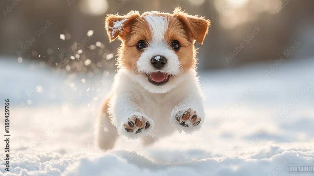 Golden retriever puppy joyfully running in the snow during winter sunset Golden retriever puppy joyfully running in the snow during winter sunset