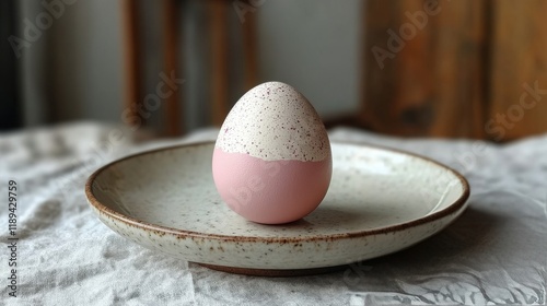 Pink egg placed in a soft blue dish on a wooden table against a blurred backg...