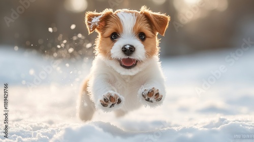 Golden retriever puppy joyfully running in the snow during winter sunset