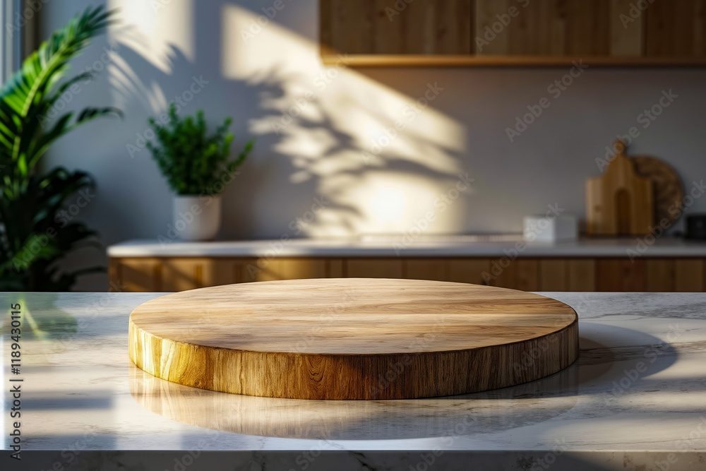 A round wooden cutting board sitting on top of a kitchen counter A round wooden cutting board sitting on top of a kitchen counter