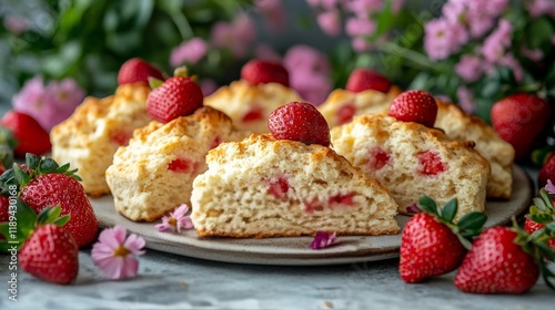 Freshly baked strawberry scones on a rustic plate with flowers and strawberries
