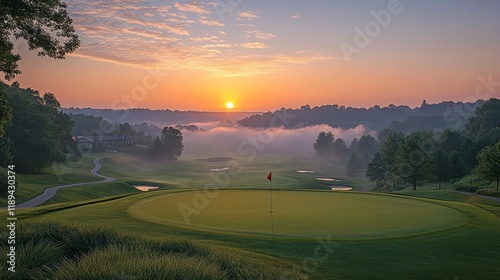 Beautiful sunset over a golf course with a flag in the foreground