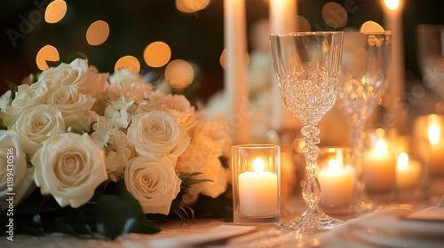 Elegant table setting with candles and roses for a romantic dinner in the eve...