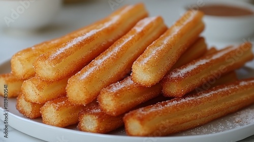 Delicious homemade churros dusted with sugar on a plate ready for enjoyment